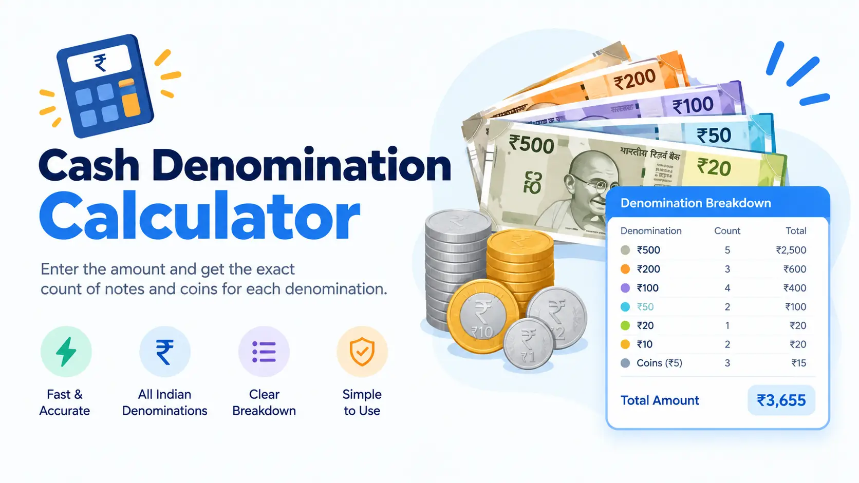 Cash Denomination Calculator - Note & Coin Counter for Cash Reconciliation